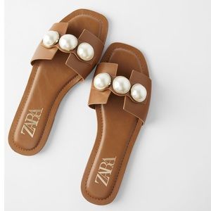 Leather Slide Sandals with Pearls